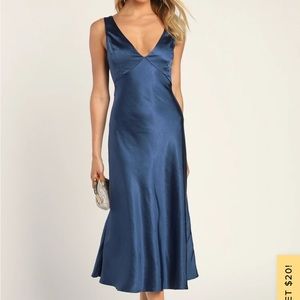 Lulus Incredible Love Navy Satin Cowl Back Midi Slip Dress